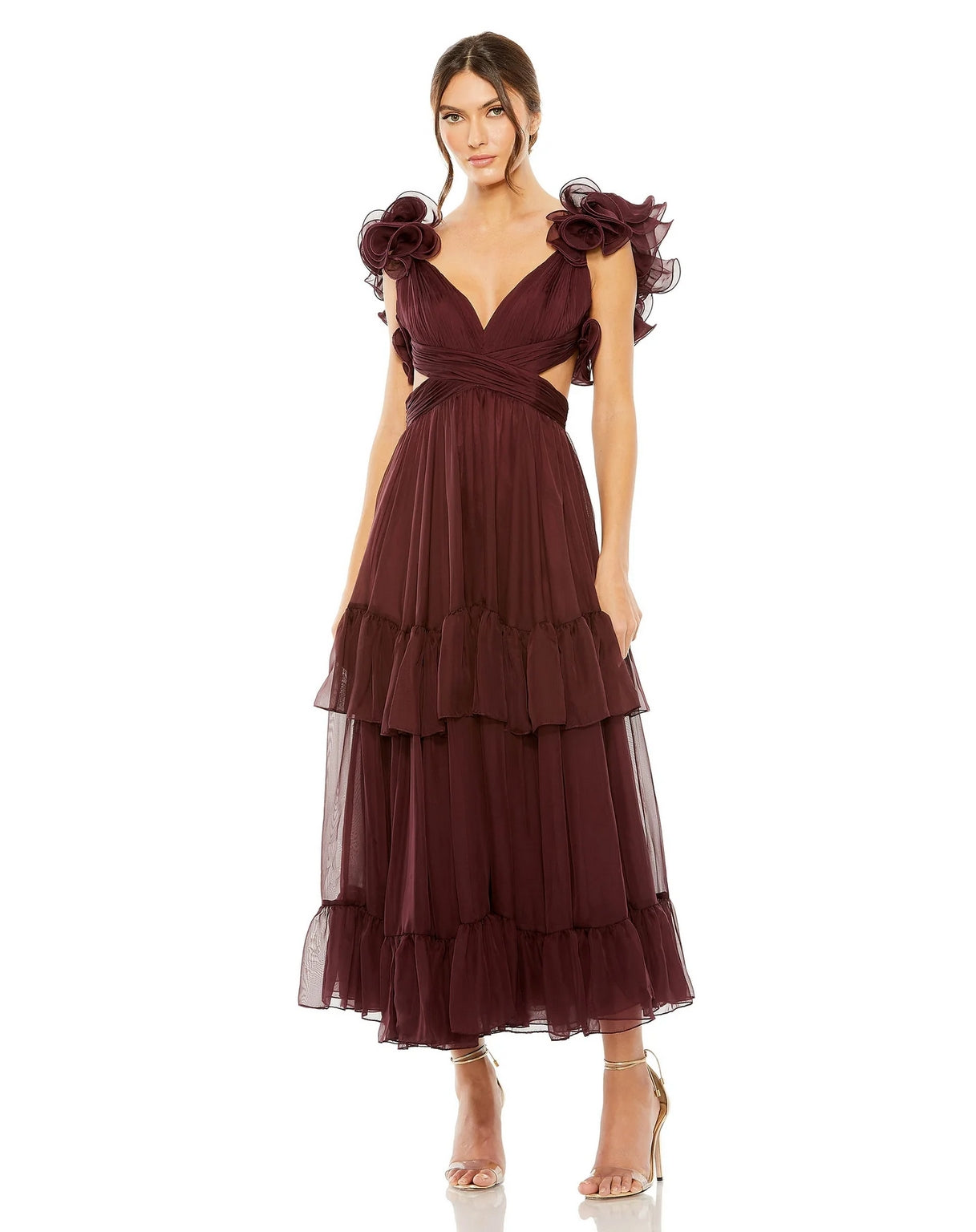 Formal Dresses Ruffle Tiered Cut Out Chiffon Tea Length Dress Bordeaux