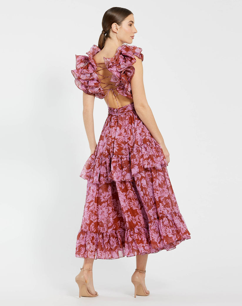 Formal Dresses A Line Floral Print Tea Length Formal Dress Red Multi