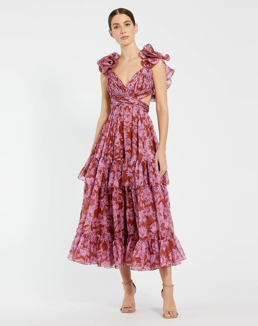 Formal Dresses A Line Floral Print Tea Length Formal Dress Red Multi