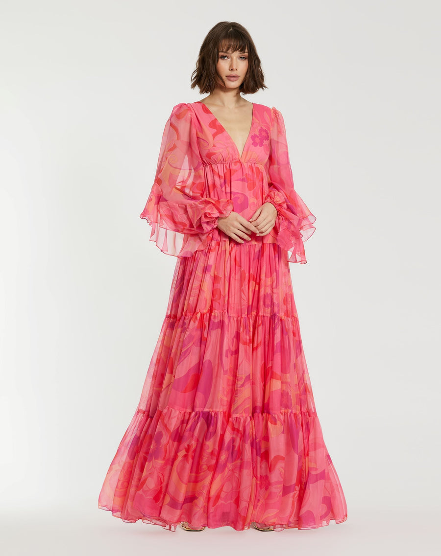 Formal Dresses Long Sleeve Printed Formal Prom A Line Dress Hibiscus Multi