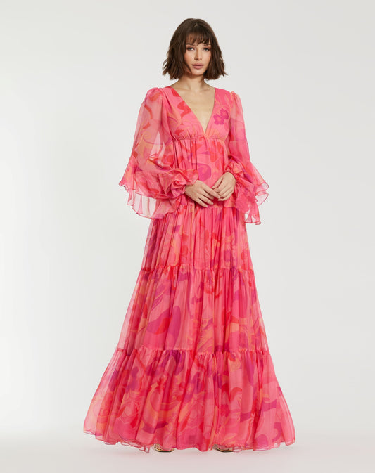 Formal Dresses Long Sleeve Printed Formal Prom A Line Dress Hibiscus Multi