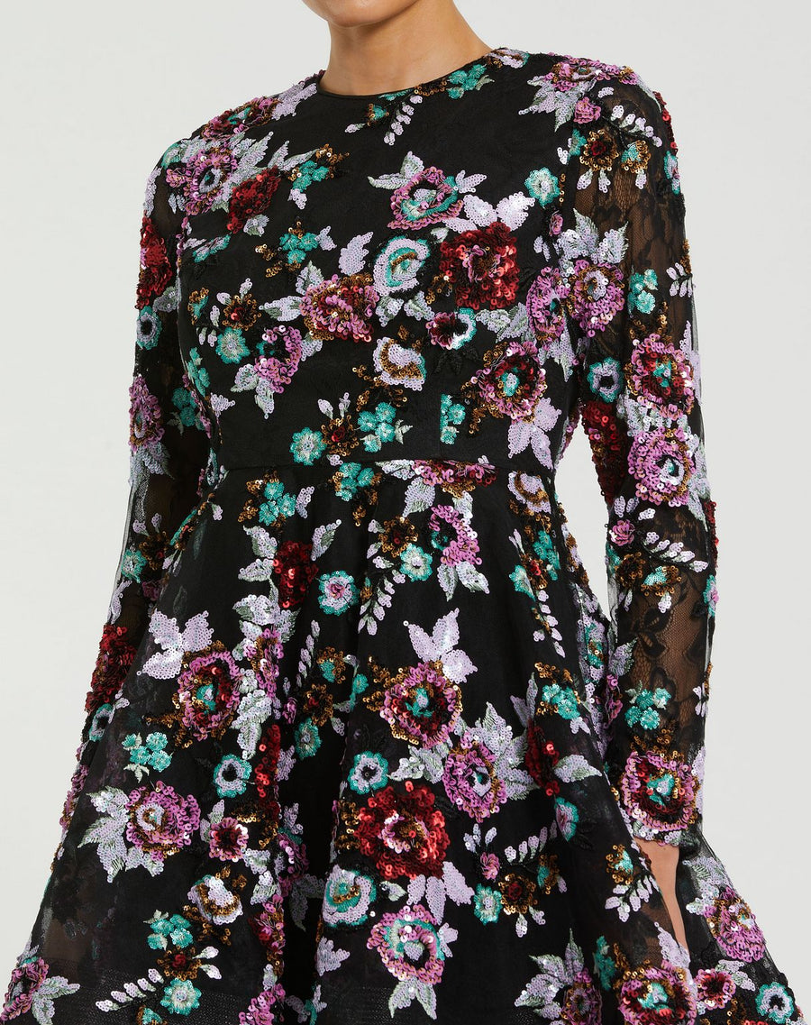 Cocktail Dresses Long Sleeve Sequin Cocktail A Line Mini Dress Black Multi