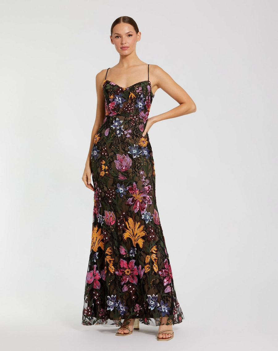 Prom Dresses Long Formal Fitted Floral Lace Prom Dress  Black Multi