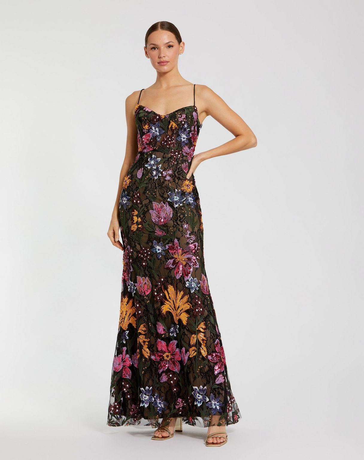 Prom Dresses Long Formal Fitted Floral Lace Prom Dress  Black Multi