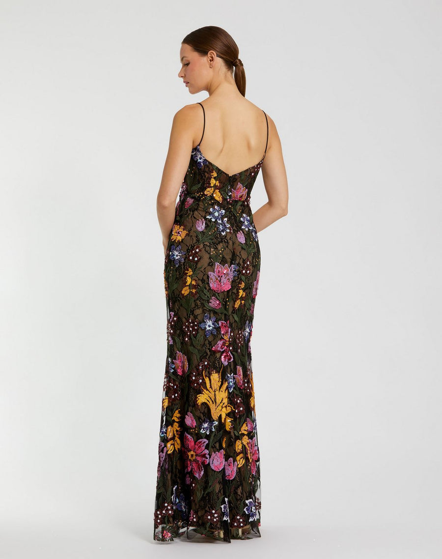 Prom Dresses Long Formal Fitted Floral Lace Prom Dress  Black Multi