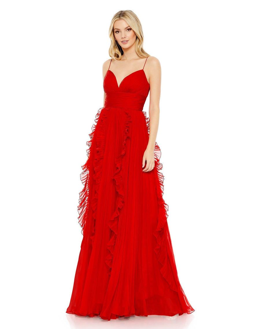 Prom Dresses Long Pleated Formal Prom Ruffle Dress Powder Red