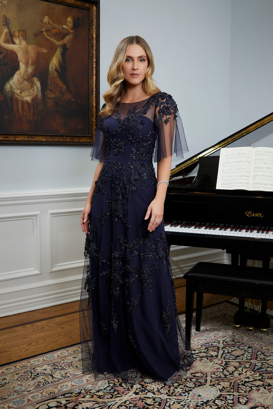 فستان MGNY Madeline Gardner New York 72837 باللون الكحلي مقاس 10 تخفيض