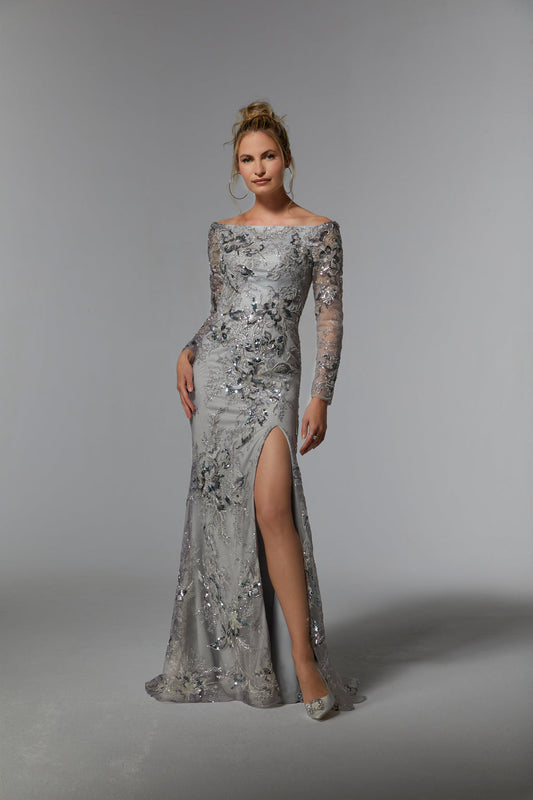 Mother of the Bride Dresses Long Sleeve Formal Evening Gown Silver