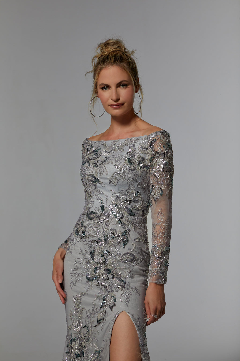 Mother of the Bride Dresses Long Sleeve Formal Evening Gown Silver