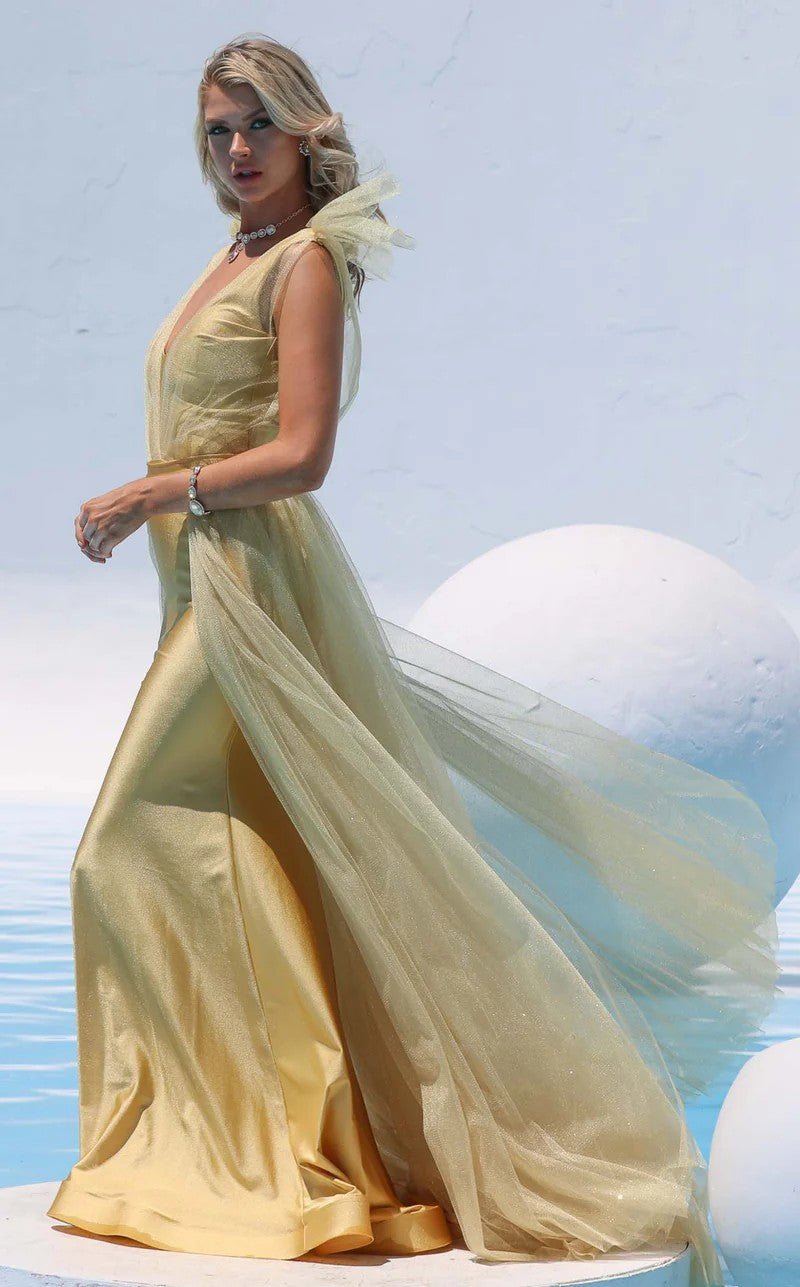 Prom Dresses Long Overskirt Prom Ruffle Formal Glitter Dress Gold