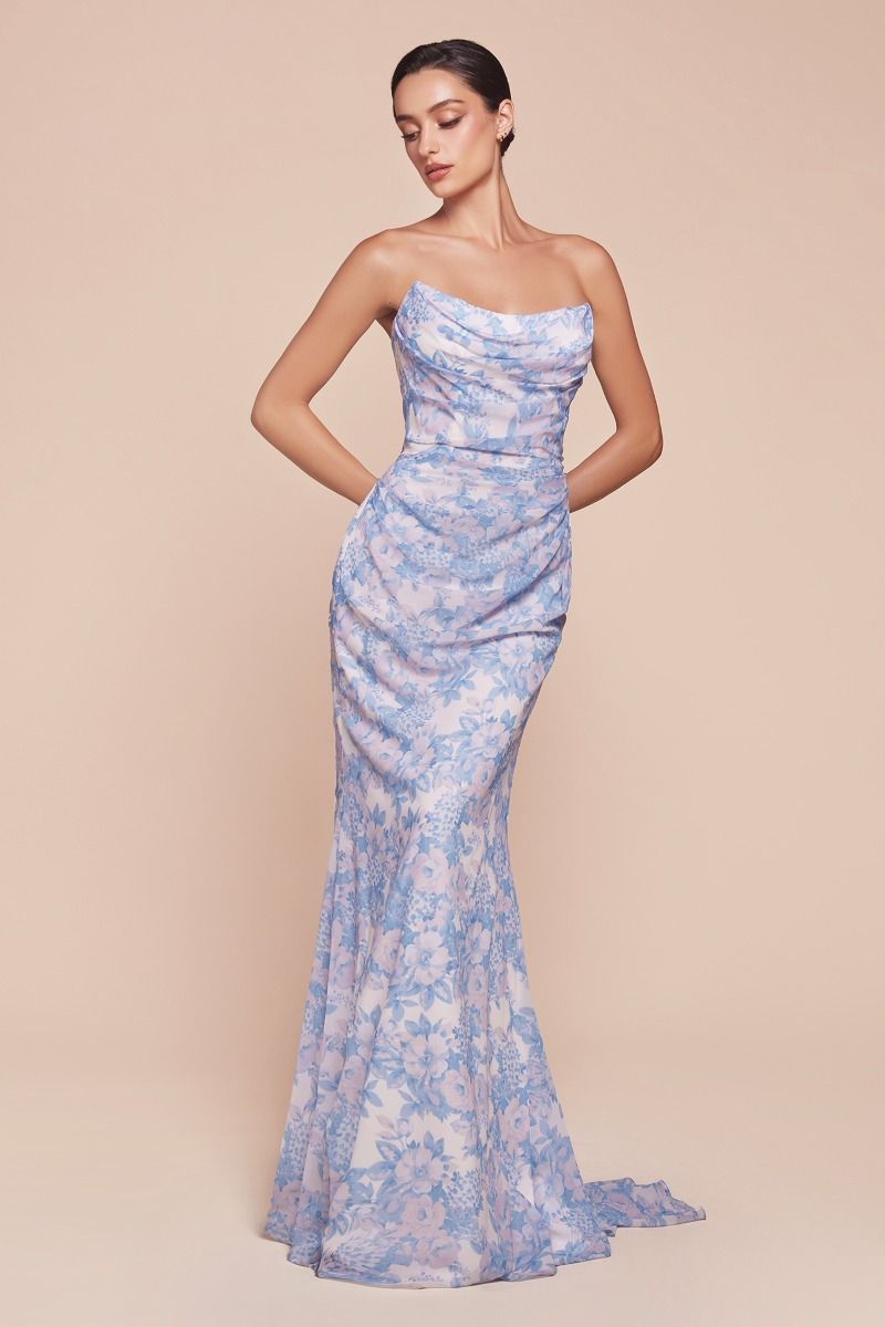 Prom Dresses Long Formal Prom Floral Print Dress Blue