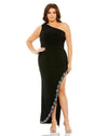 Plus Size Dresses Long One Shoulder Asymmetical Embellished Hem Plus Size Dress Black Multi