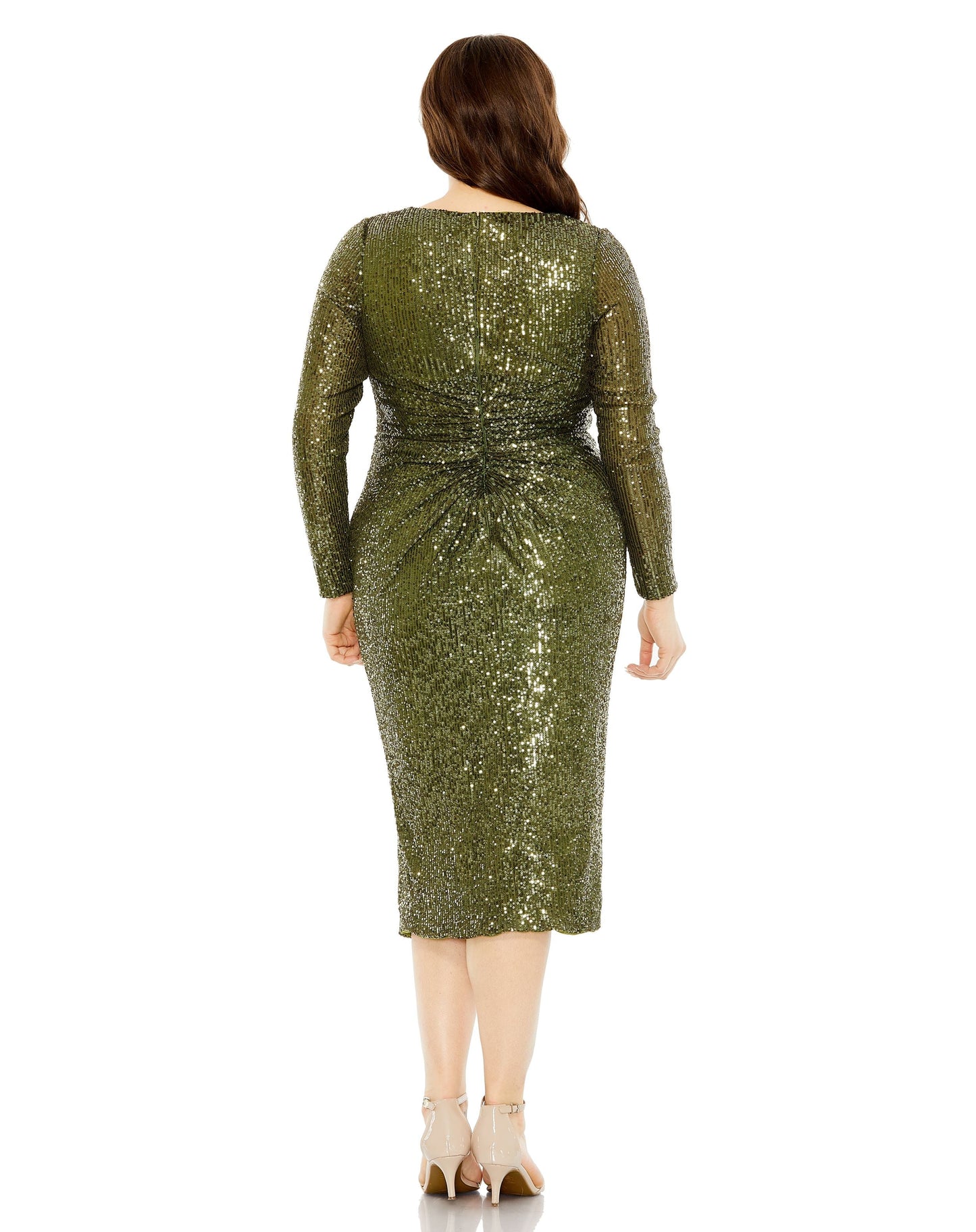 Cocktail Dresses Long Sleeve Sequins Gartered Waist Midi Dress Olive