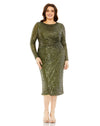 Cocktail Dresses Long Sleeve Sequins Gartered Waist Midi Dress Olive