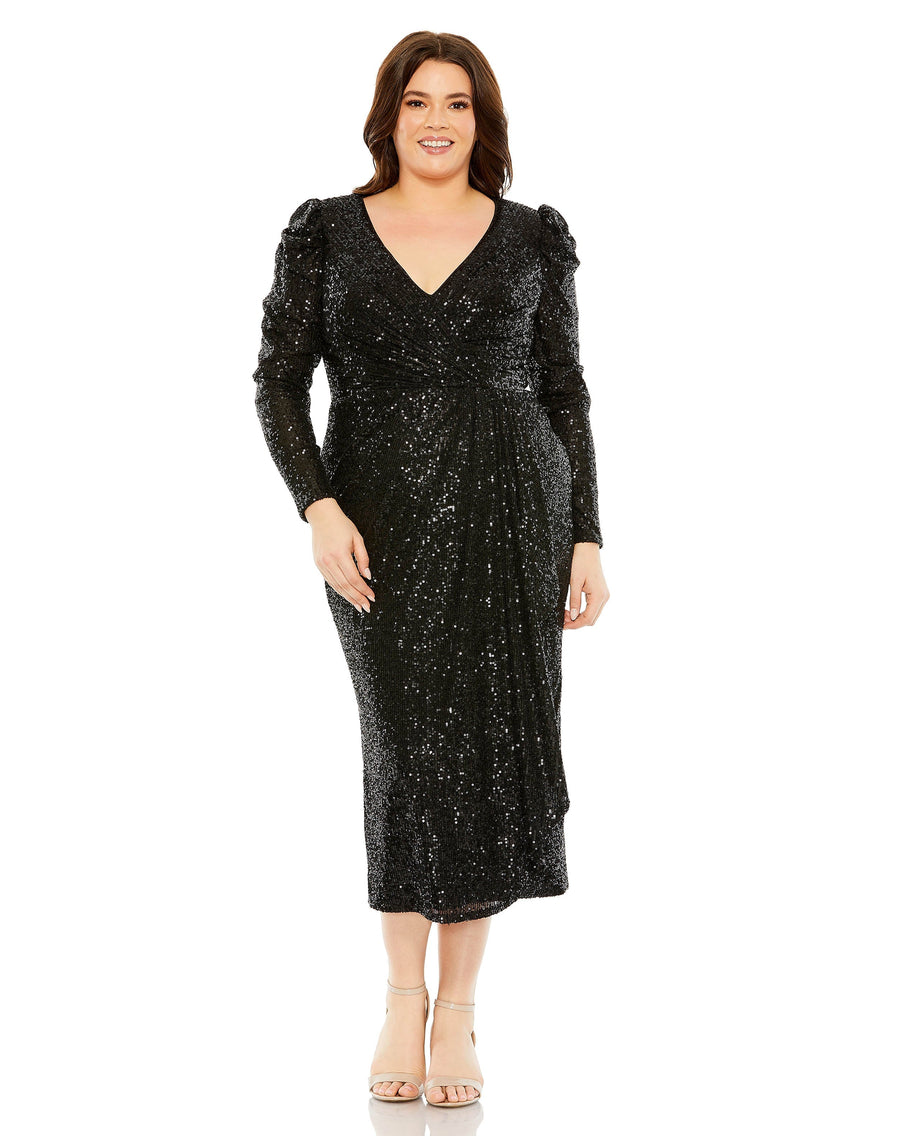 Cocktail Dresses Sequins Long Sleeve Midi Formal Dress Black