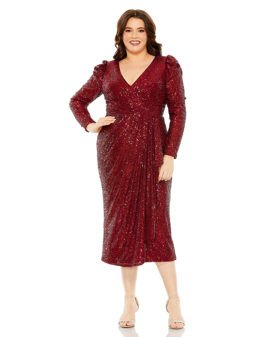Cocktail Dresses Sequins Long Sleeve Midi Formal Dress Wine