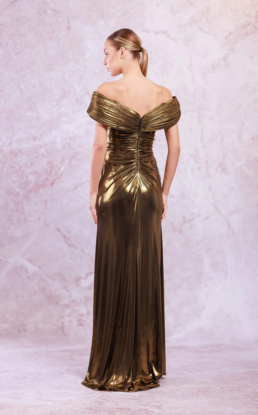 Prom Dresses Long Prom Slit Metallic Formal Evening Dress Gold