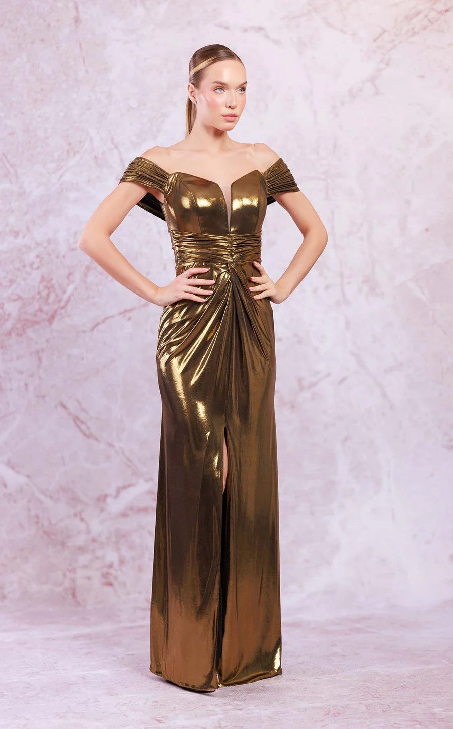 Prom Dresses Long Prom Slit Metallic Formal Evening Dress Gold
