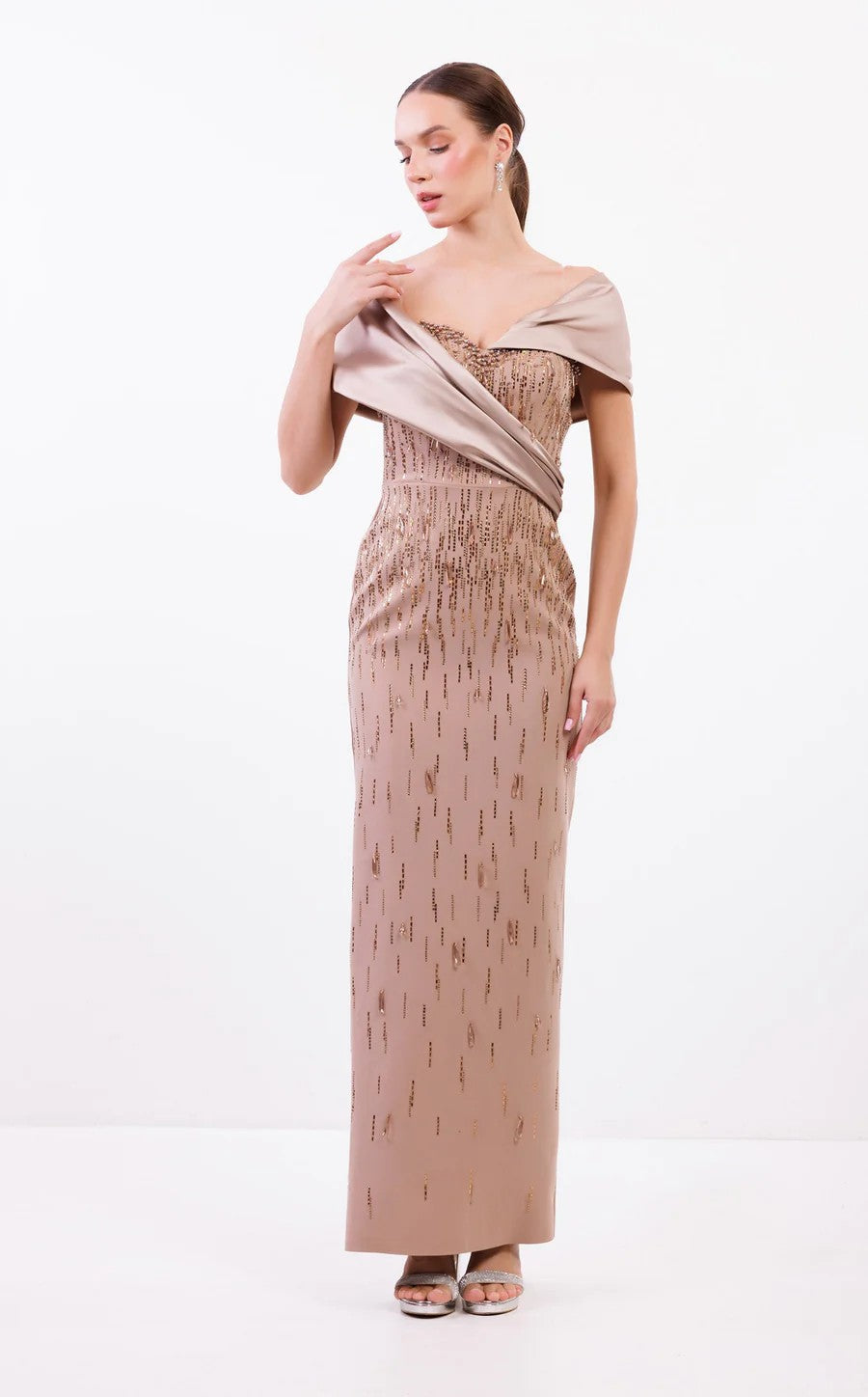 Prom Dresses Long Beaded Formal Fitted Prom Dress Beige