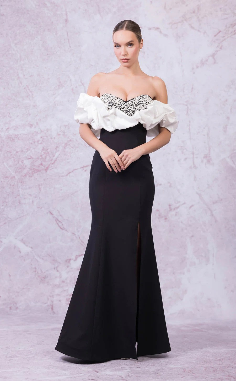 Prom Dresses Fitted Slit Long Formal Prom Mermaid Dress Black/White