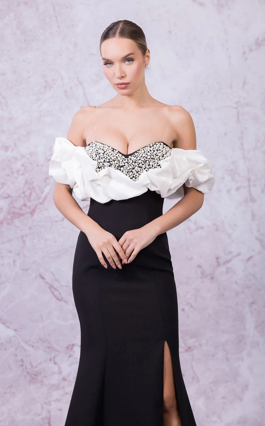 Prom Dresses Fitted Slit Long Formal Prom Mermaid Dress Black/White