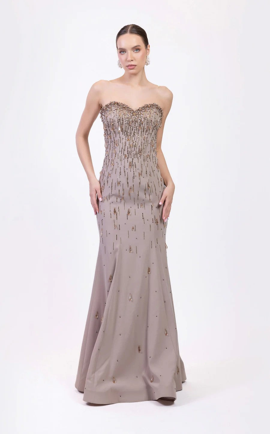 Prom Dresses Long Formal Beaded Evening Prom Dress Beige