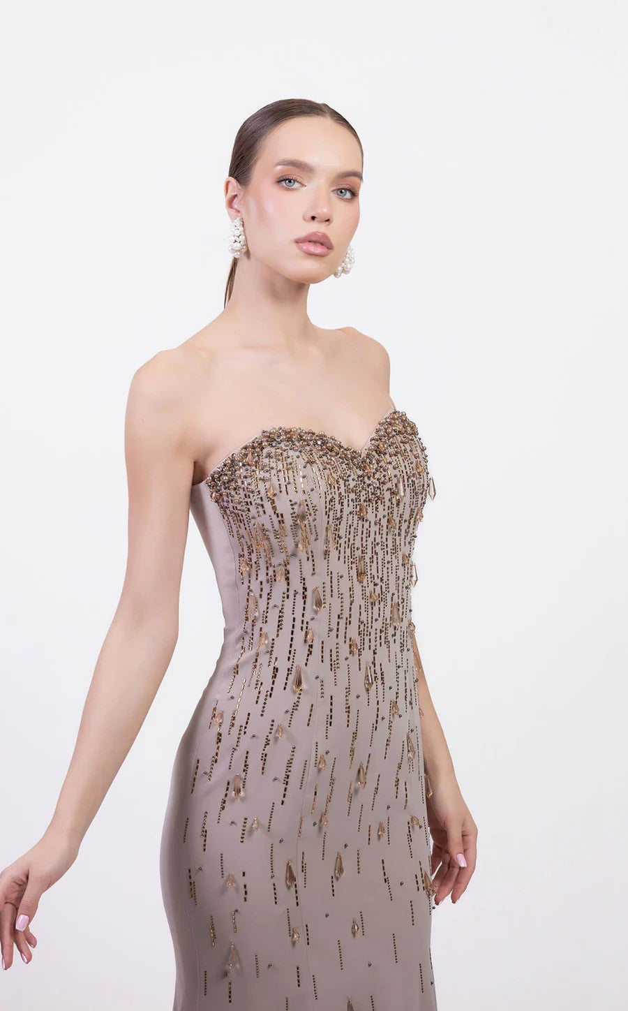 Prom Dresses Long Formal Beaded Evening Prom Dress Beige