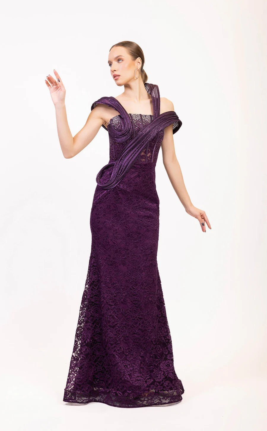 Prom Dresses Beaded Corset Long Formal Lace Prom Dress Purple