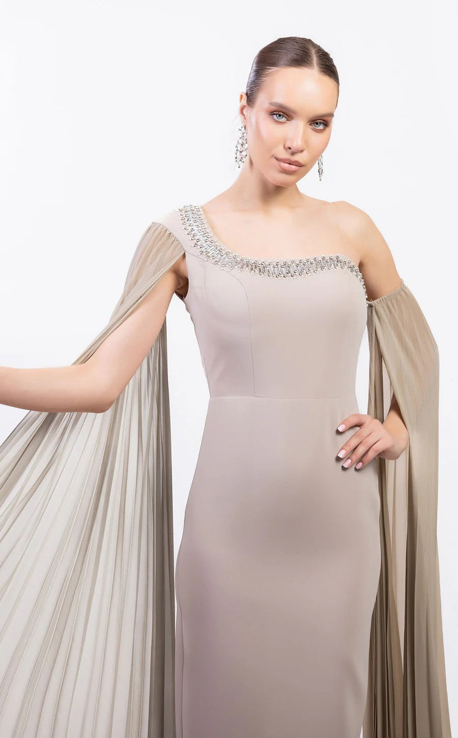 Prom Dresses Long Formal Fitted Cape Evening Prom Dress Beige