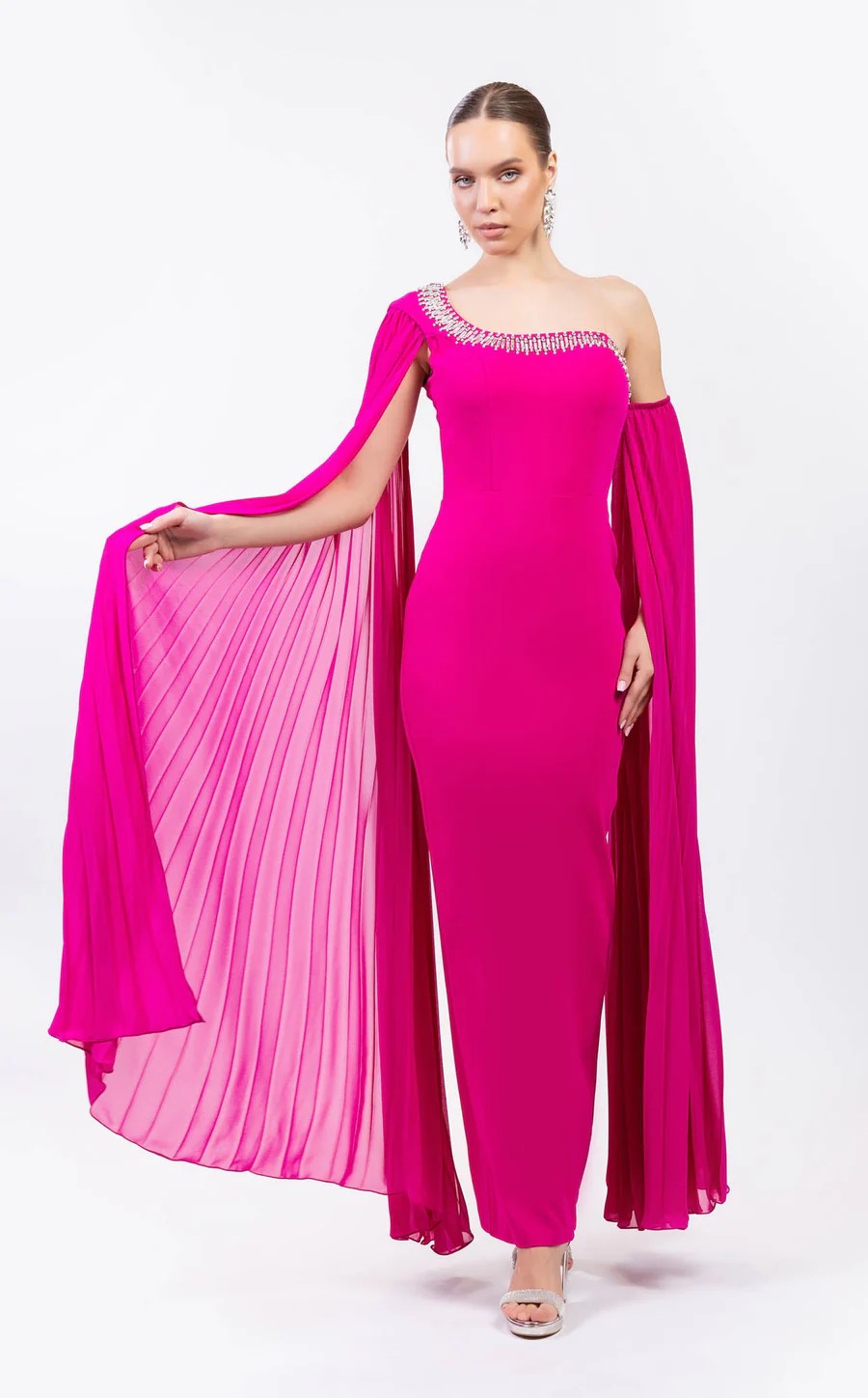 Prom Dresses Long Formal Fitted Cape Evening Prom Dress Fuchsia