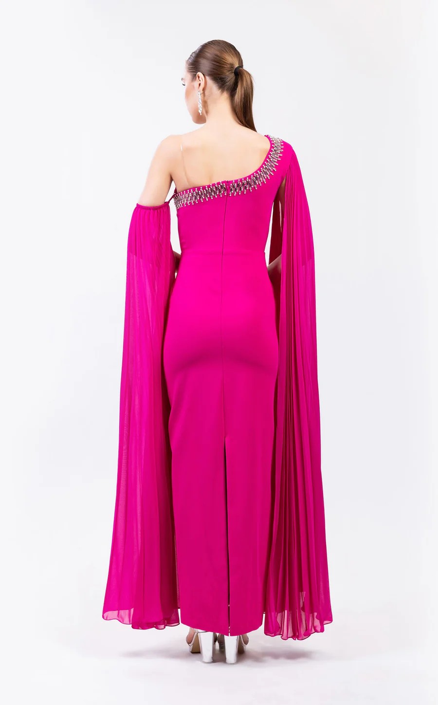 Prom Dresses Long Formal Fitted Cape Evening Prom Dress Fuchsia