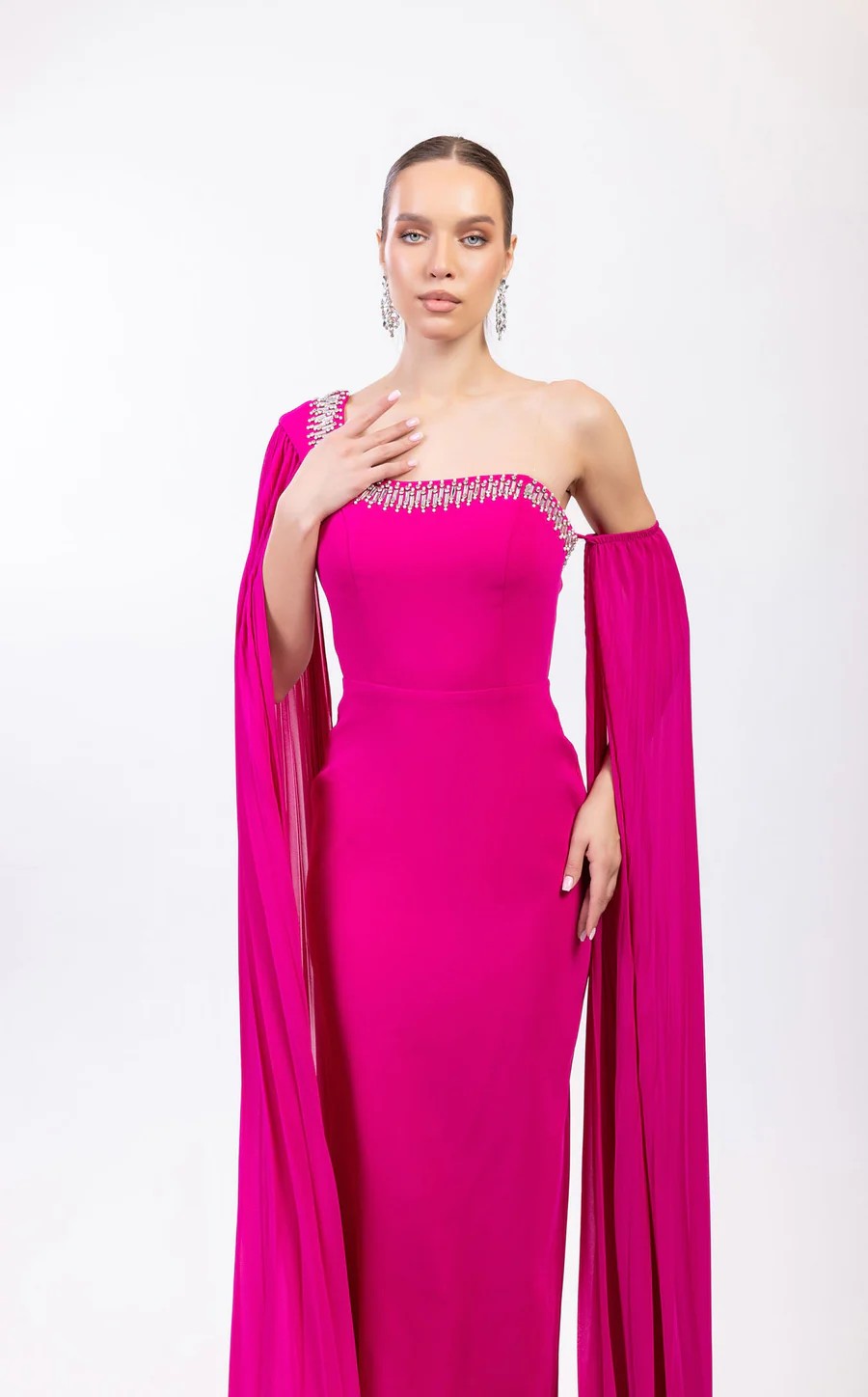 Prom Dresses Long Formal Fitted Cape Evening Prom Dress Fuchsia