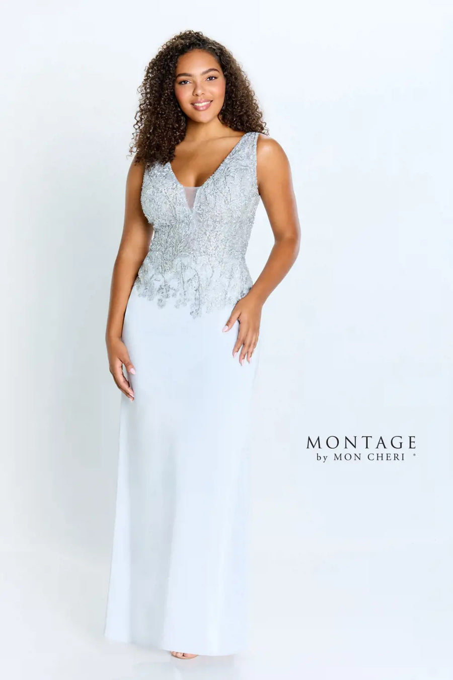 Formal Dresses Beaded Long Fitted Formal Removable Sleeve Dress Ice Gray