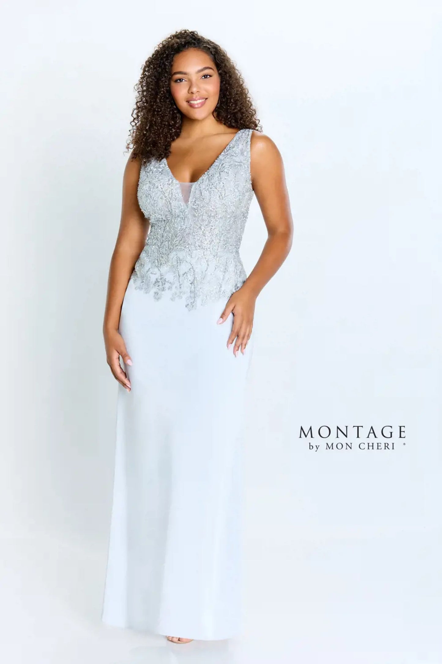 Formal Dresses Beaded Long Fitted Formal Removable Sleeve Dress Ice Gray