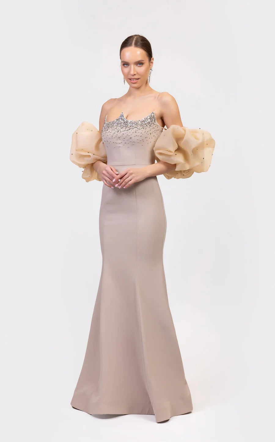 Prom Dresses Fitted Prom Long Formal Beaded Evening Dress Beige