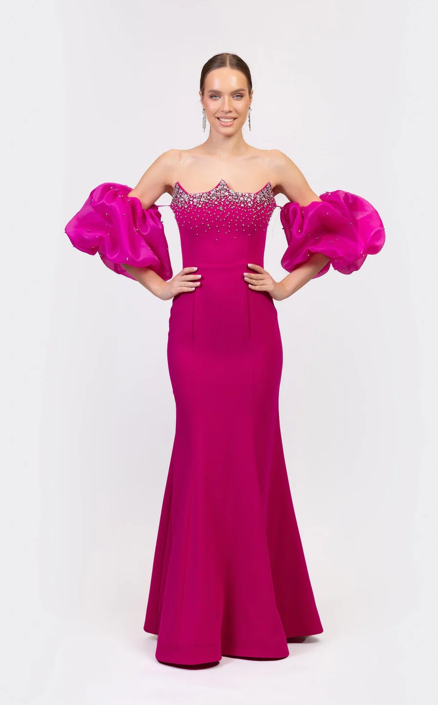 Prom Dresses Fitted Prom Long Formal Beaded Evening Dress Fuchsia