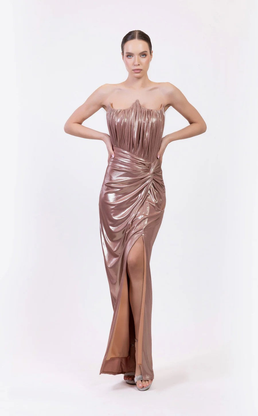 Prom Dresses Prom Long Mettalic Formal Slit Dress Rose Gold