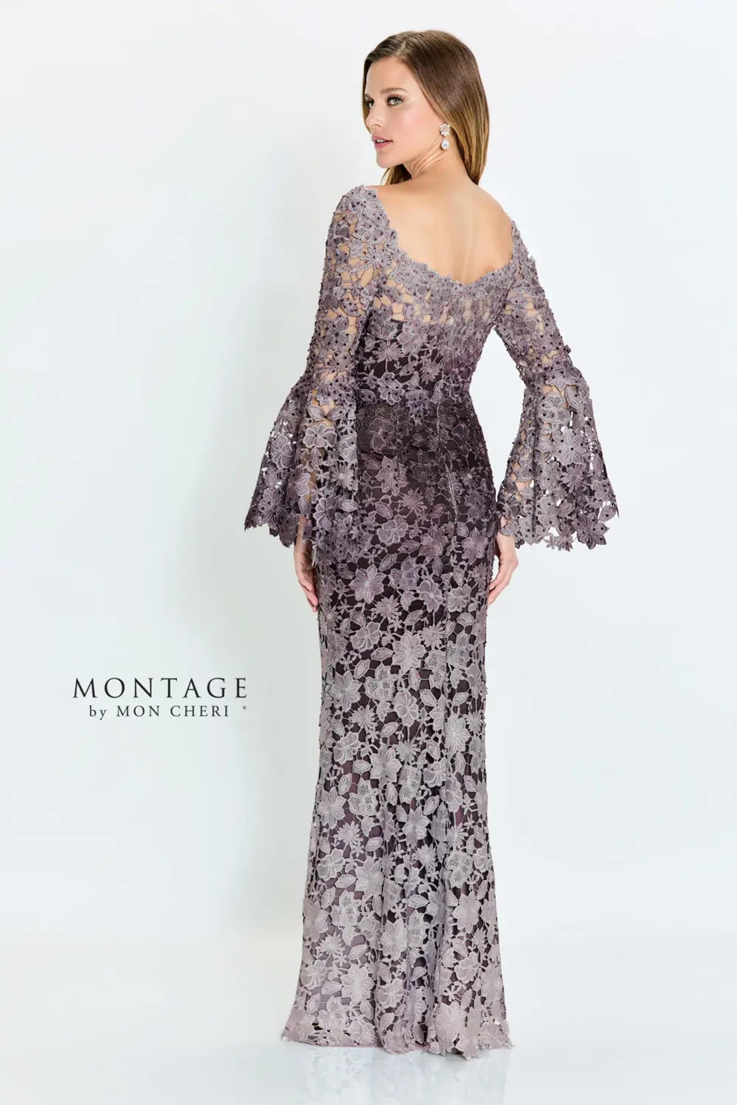 Formal Dresses Long Sleeve Formal Beaded Lace Evening Dress Gray Ombre