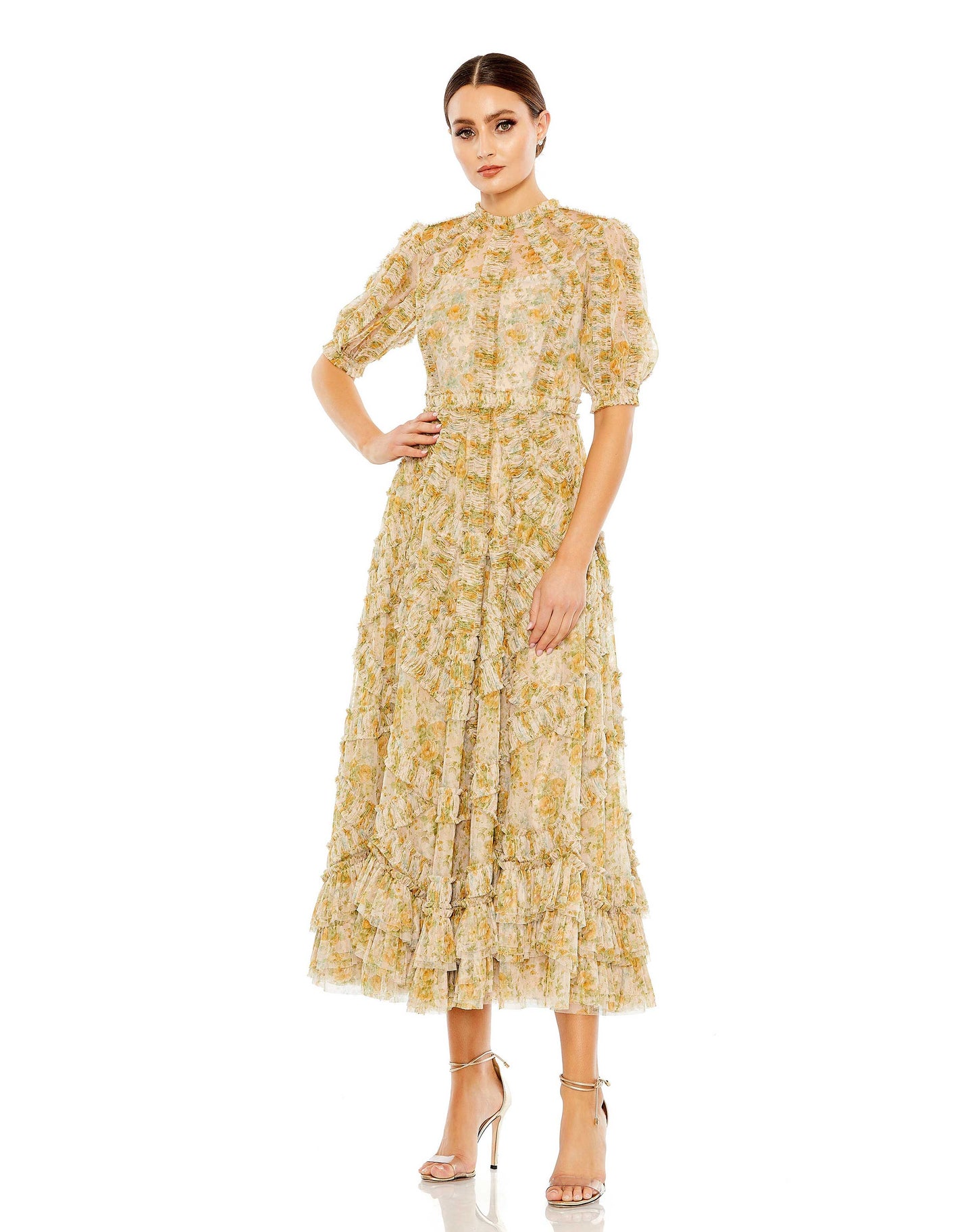 Cocktail Dresses Printed Cocktail Midi Dress Yellow Multi