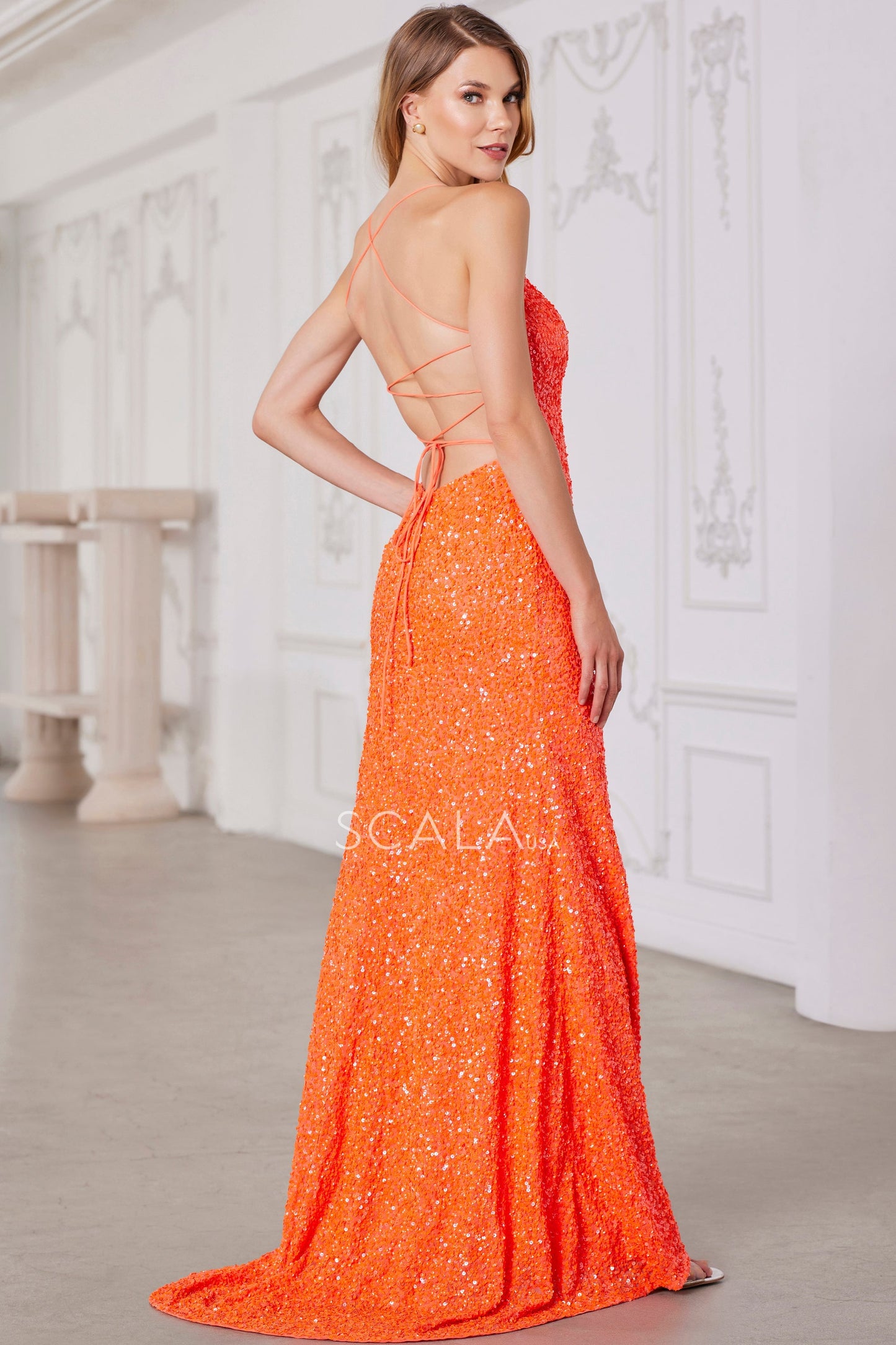 Prom Dresses Fitted Prom Long Formal Slit Sequined Prom Dress Orange