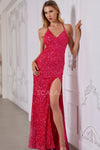 Prom Dresses Fitted Sequin Slit Long Formal Evening Prom Dress Red Rose