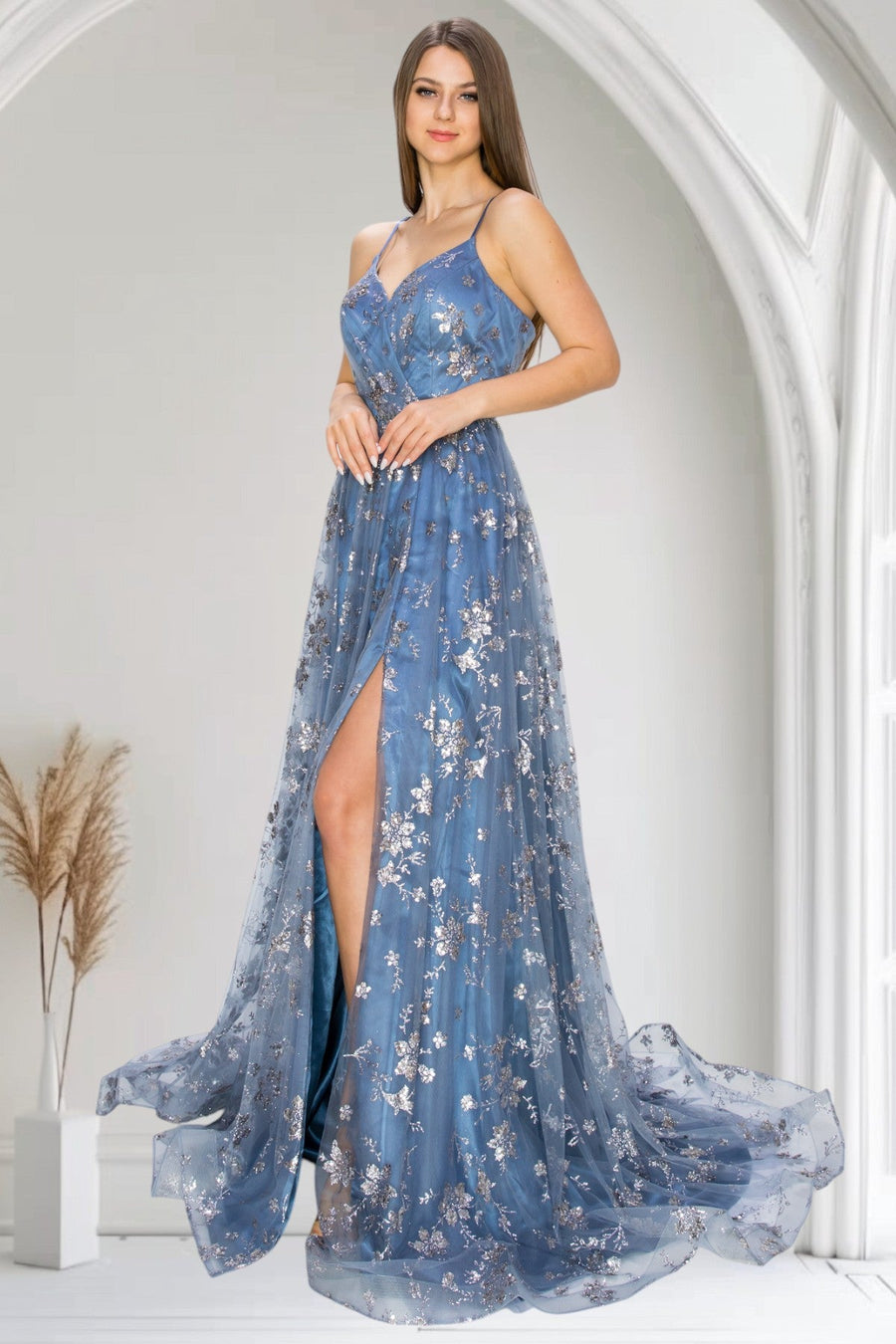 Prom Dresses Prom Long Glitter Print A Line Formal Dress Dusty Blue