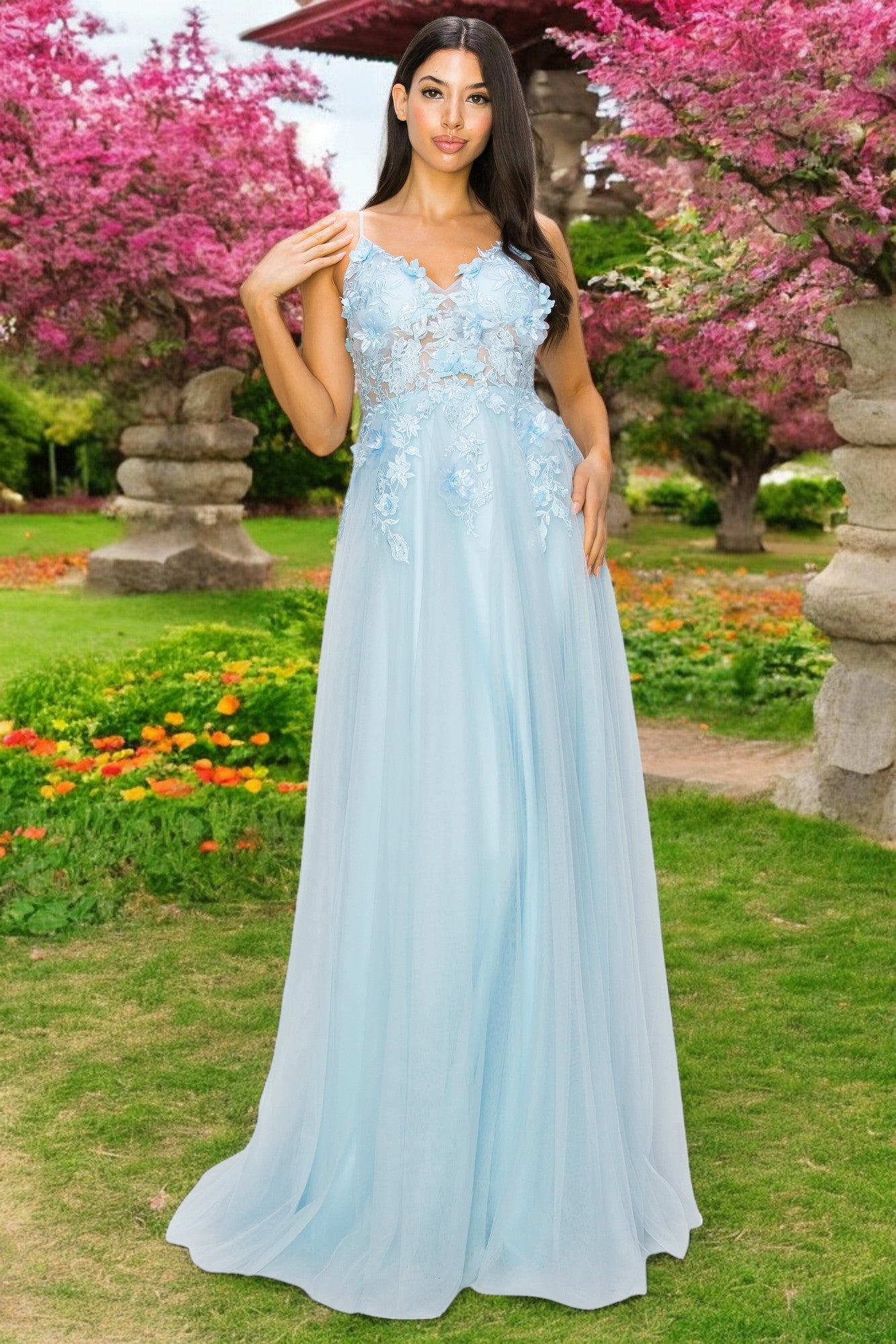 Prom Dresses Long Formal 3D Floral Applique A Line Prom Dress Blue