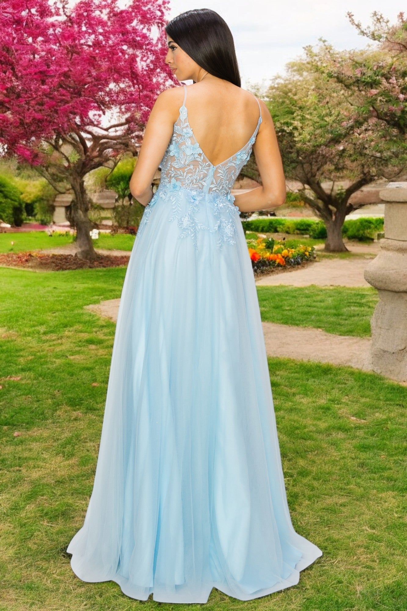 Prom Dresses Long Formal 3D Floral Applique A Line Prom Dress Blue