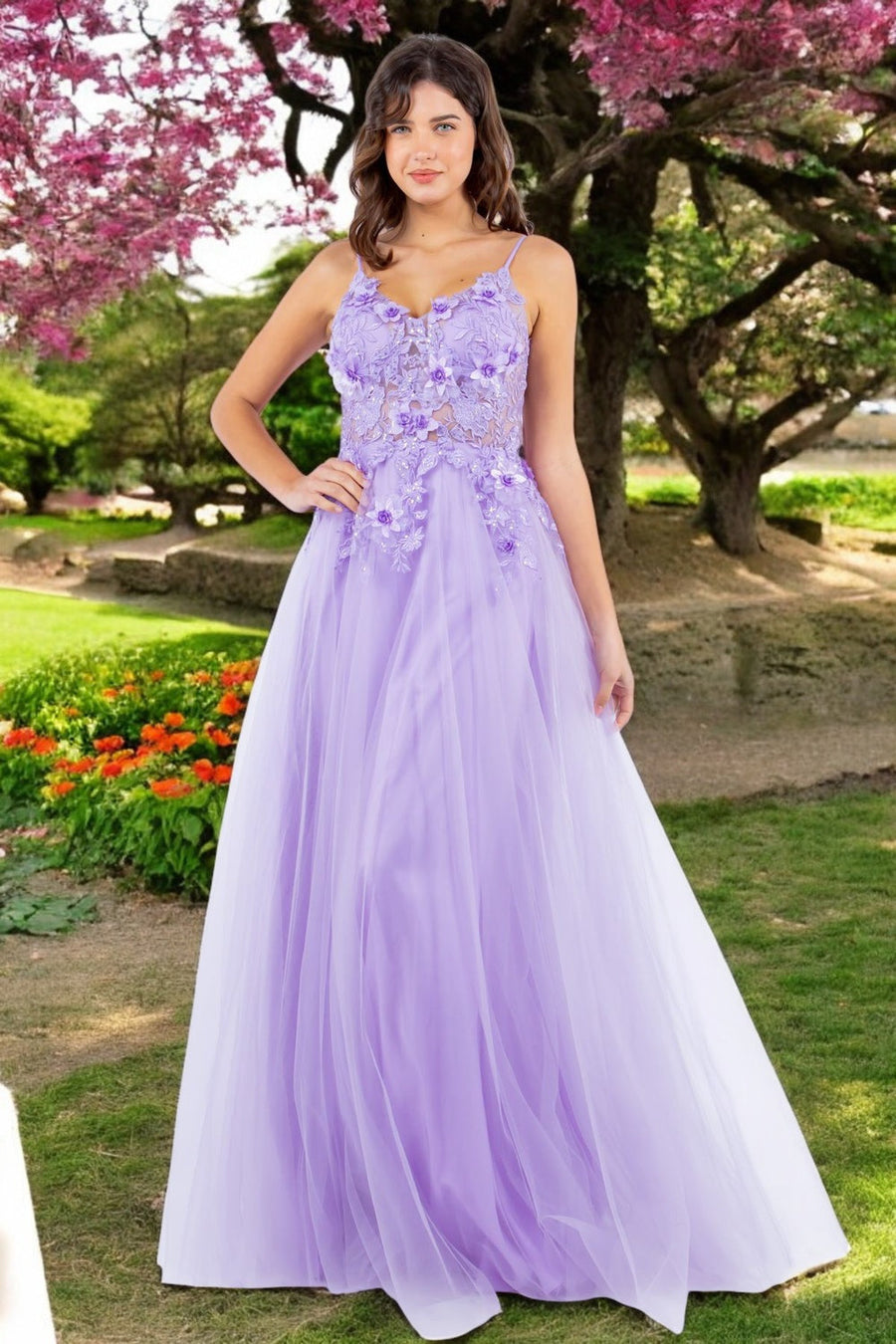 Prom Dresses Long Formal 3D Floral Applique A Line Prom Dress Lilac