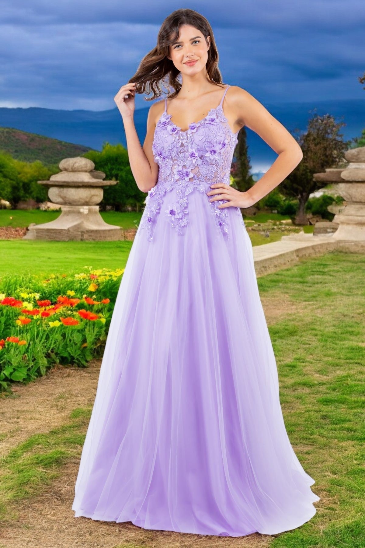 Prom Dresses Long Formal 3D Floral Applique A Line Prom Dress Lilac
