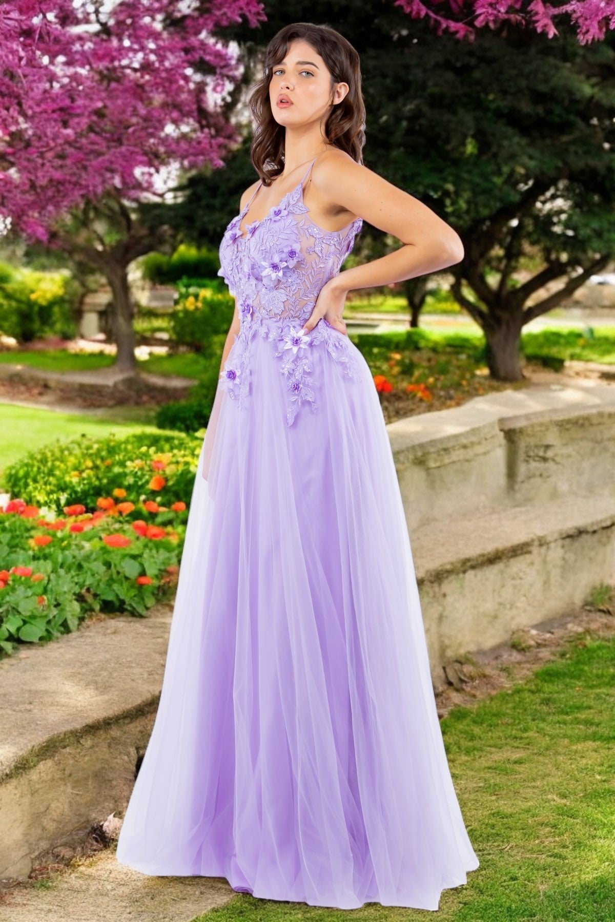 Prom Dresses Long Formal 3D Floral Applique A Line Prom Dress Lilac