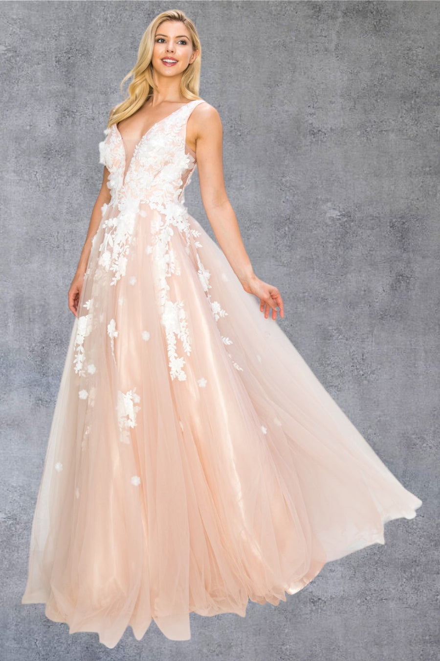 Prom Dresses Long Formal A Line Floral Lace Prom Dress Blush