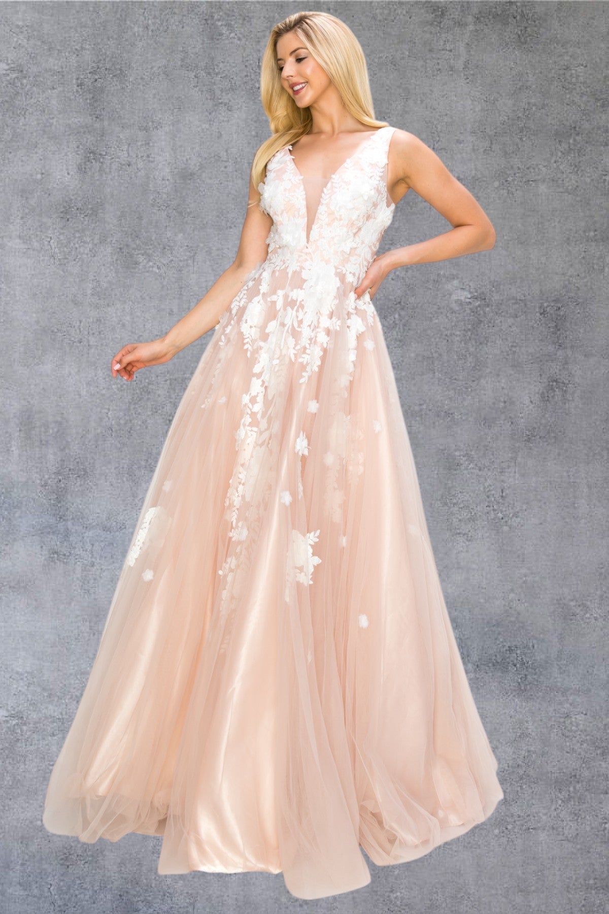 Prom Dresses Long Formal A Line Floral Lace Prom Dress Blush