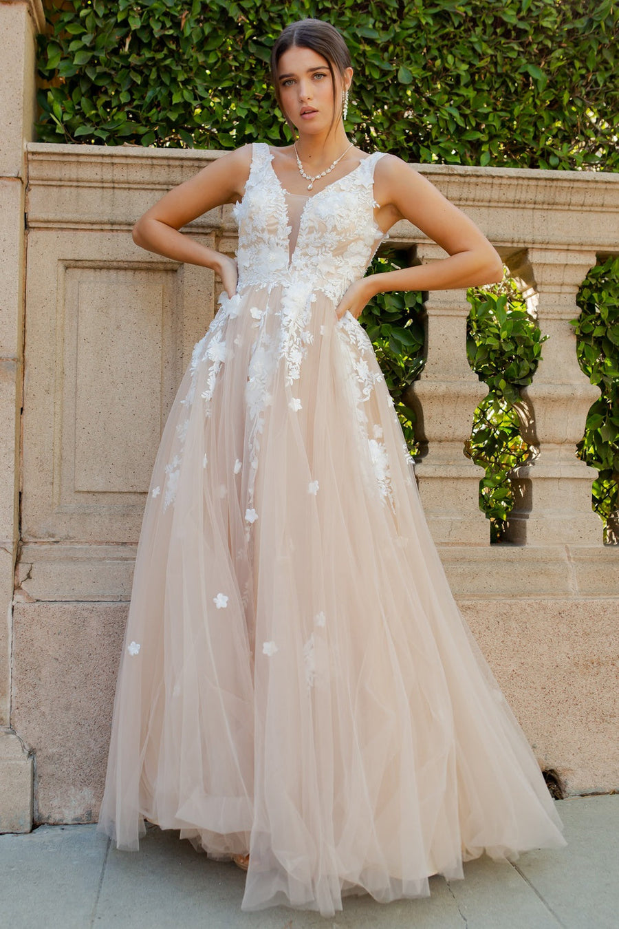 Prom Dresses Long Formal A Line Floral Lace Prom Dress Champagne